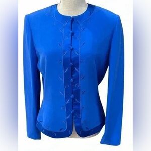 Adrianna Papell Royal Blue Embroidered 100% Silk Women’s Button Blazer size 8